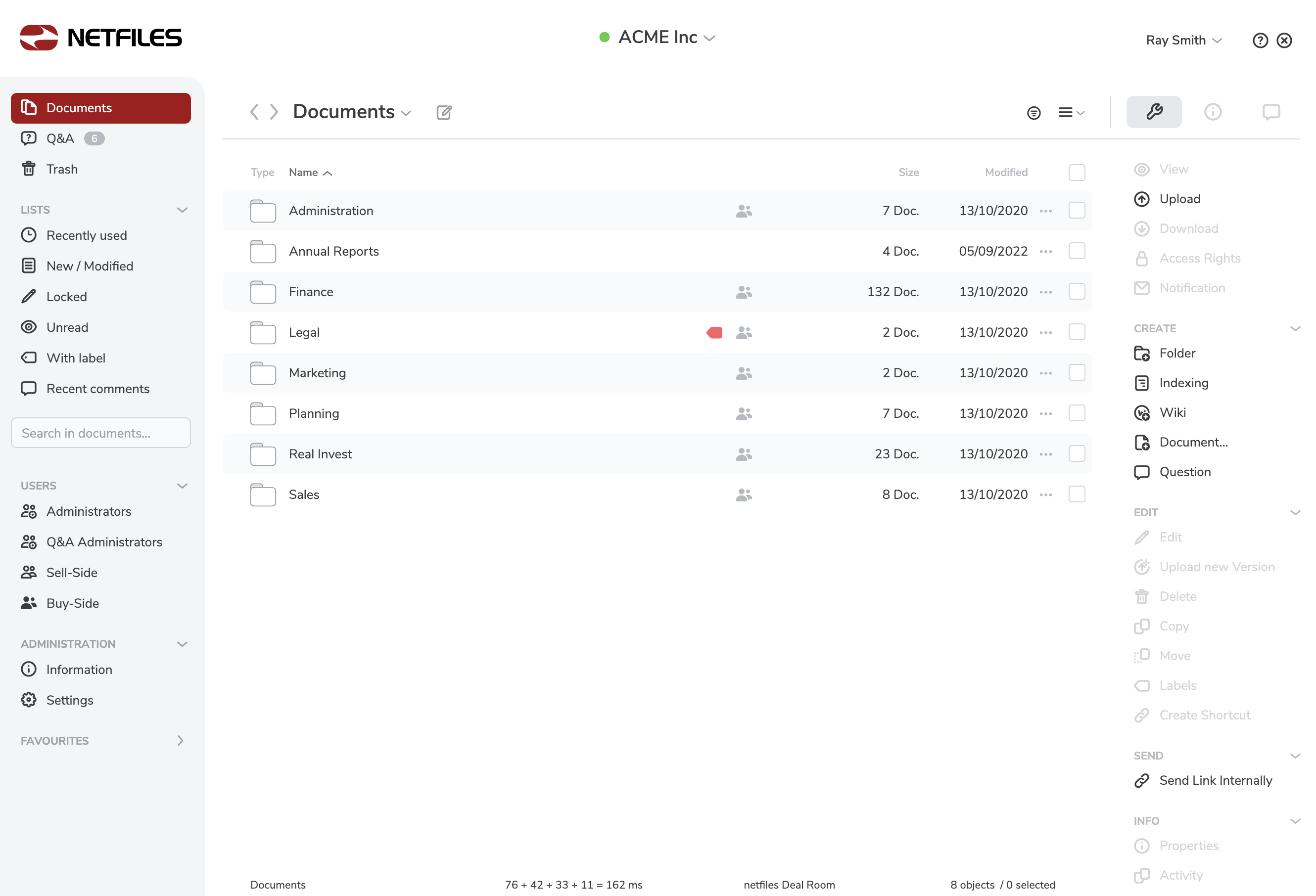 Screenshot netfiles data room user interface