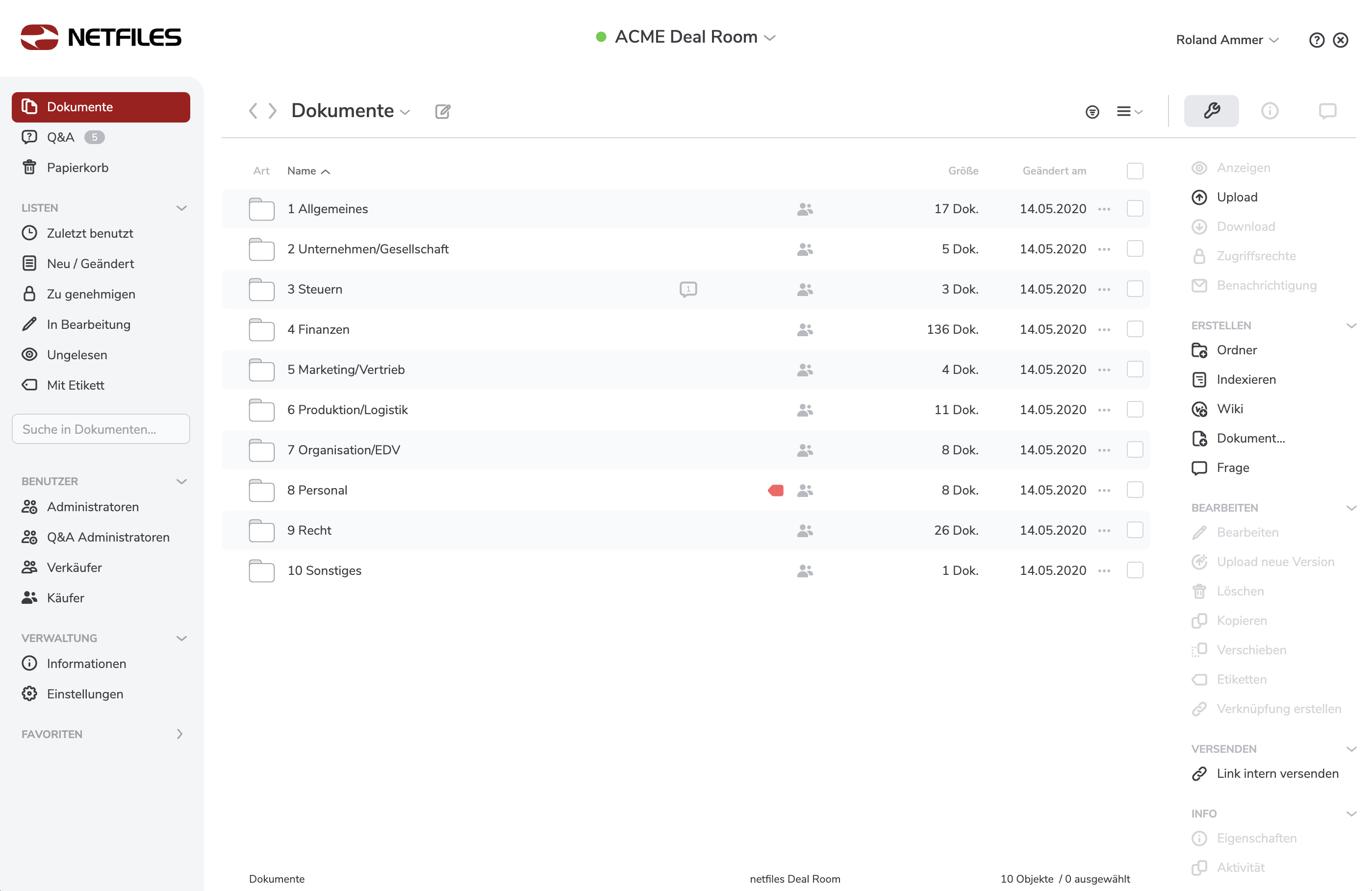 Screenshot mit der netfiles Datenraum Benutzeroberfläche