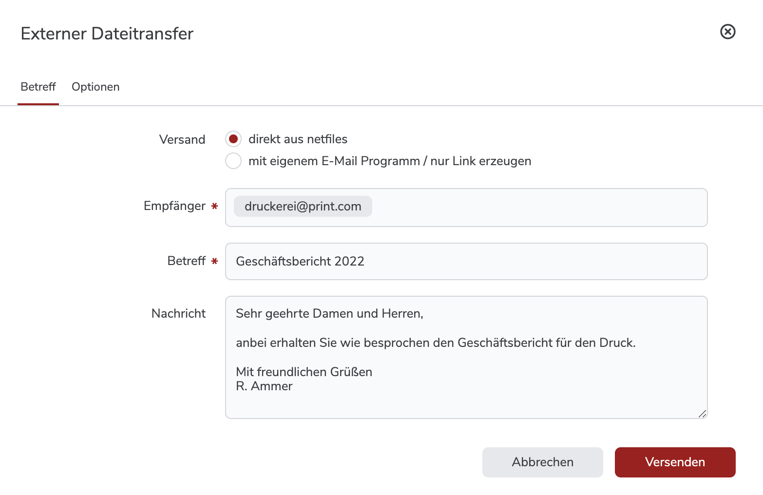Screenshot der netfiles externer Dateitransfer Funktion