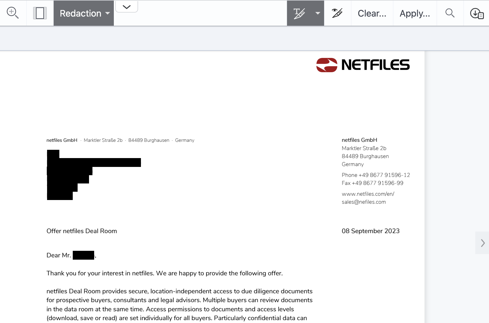 Screenshot of redaction feature in netfiles data room