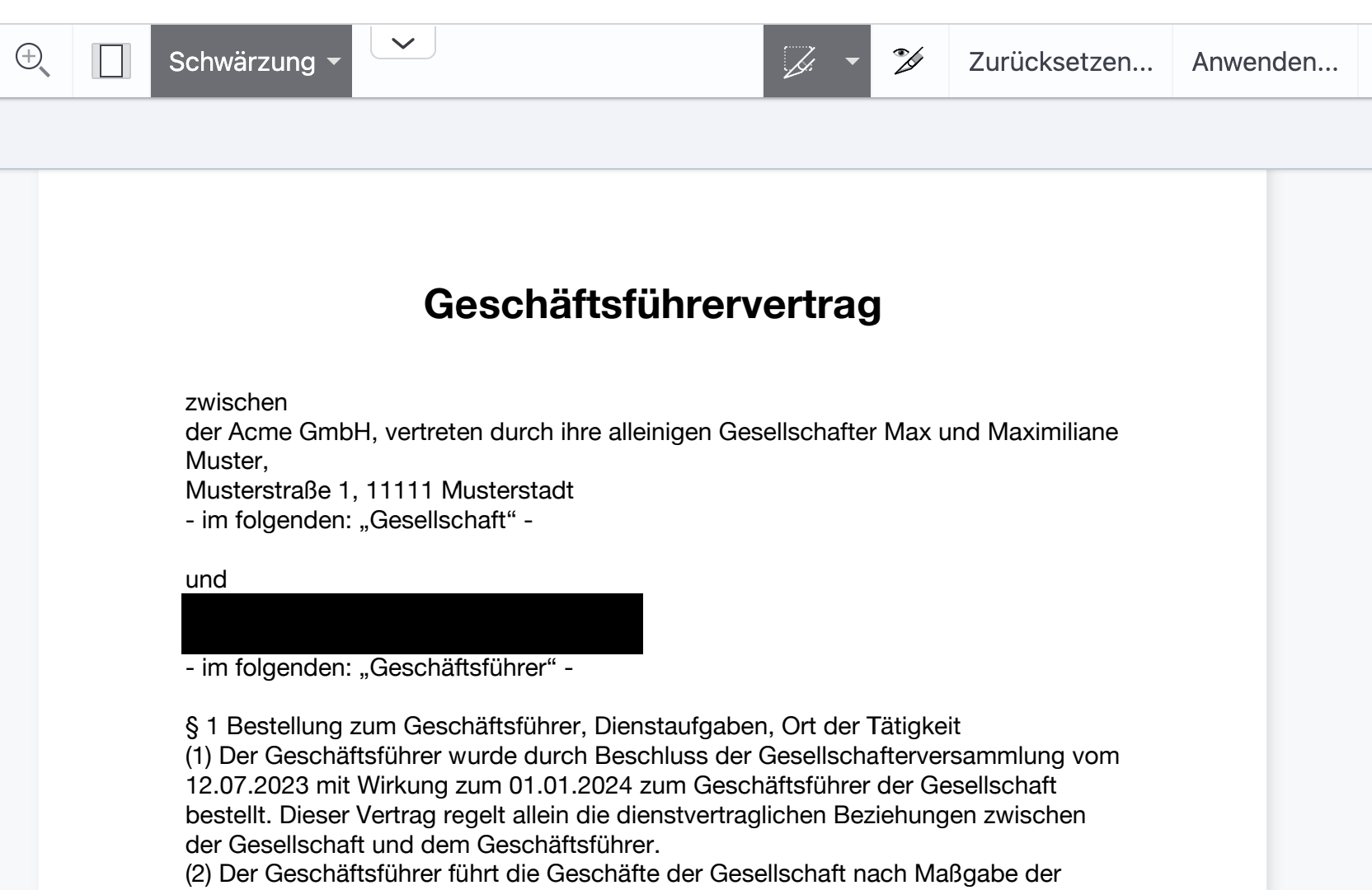 Screenshot der Schwärzungsfunktion im netfiles Datenraum