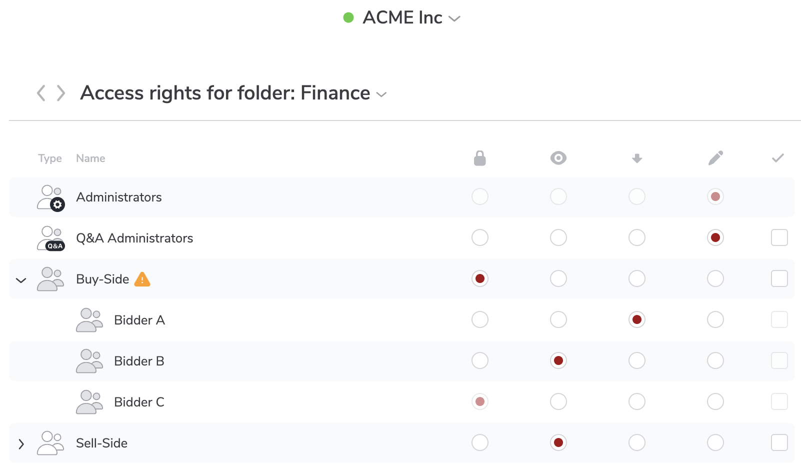 Screenshot of access rights feature in netfiles data room