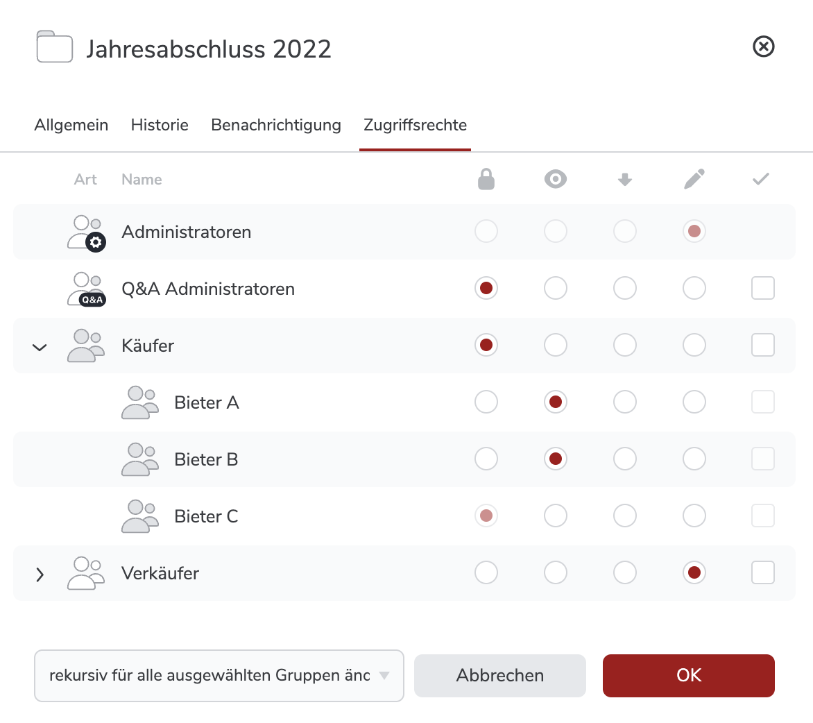 Screenshot der Zugriffsrechte Funktion im netfiles Datenraum