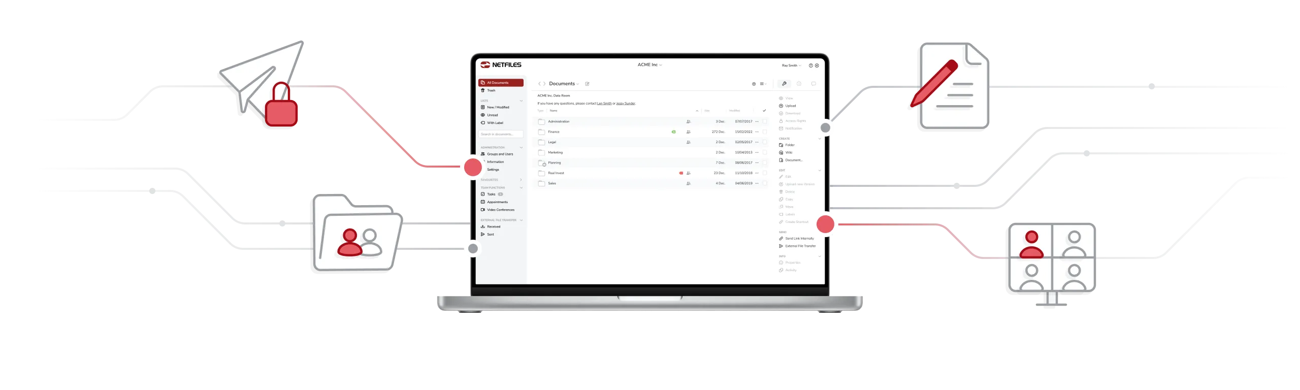 Laptop computer with netfiles data room screenshot and feature icons