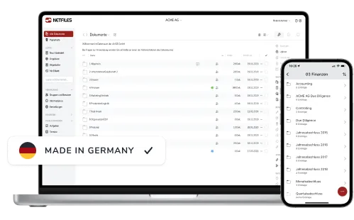 Grafik mit netfiles Datenraum auf Laptop Computer und Smartphone mit Made in Germany Text