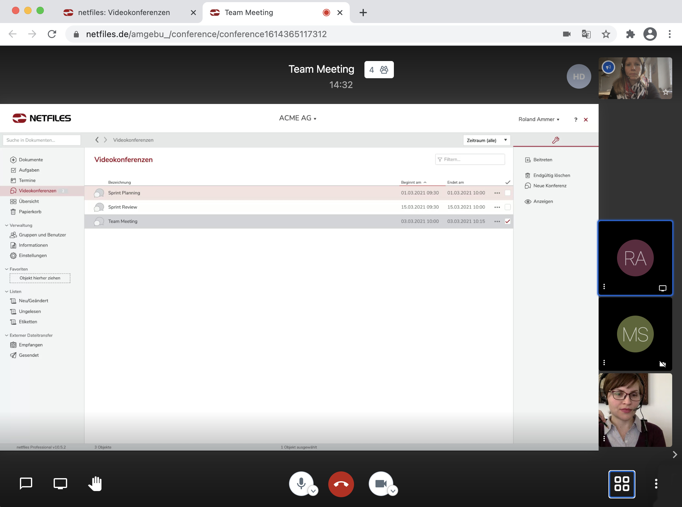 Screenshot videoconferencing in netfiles data room